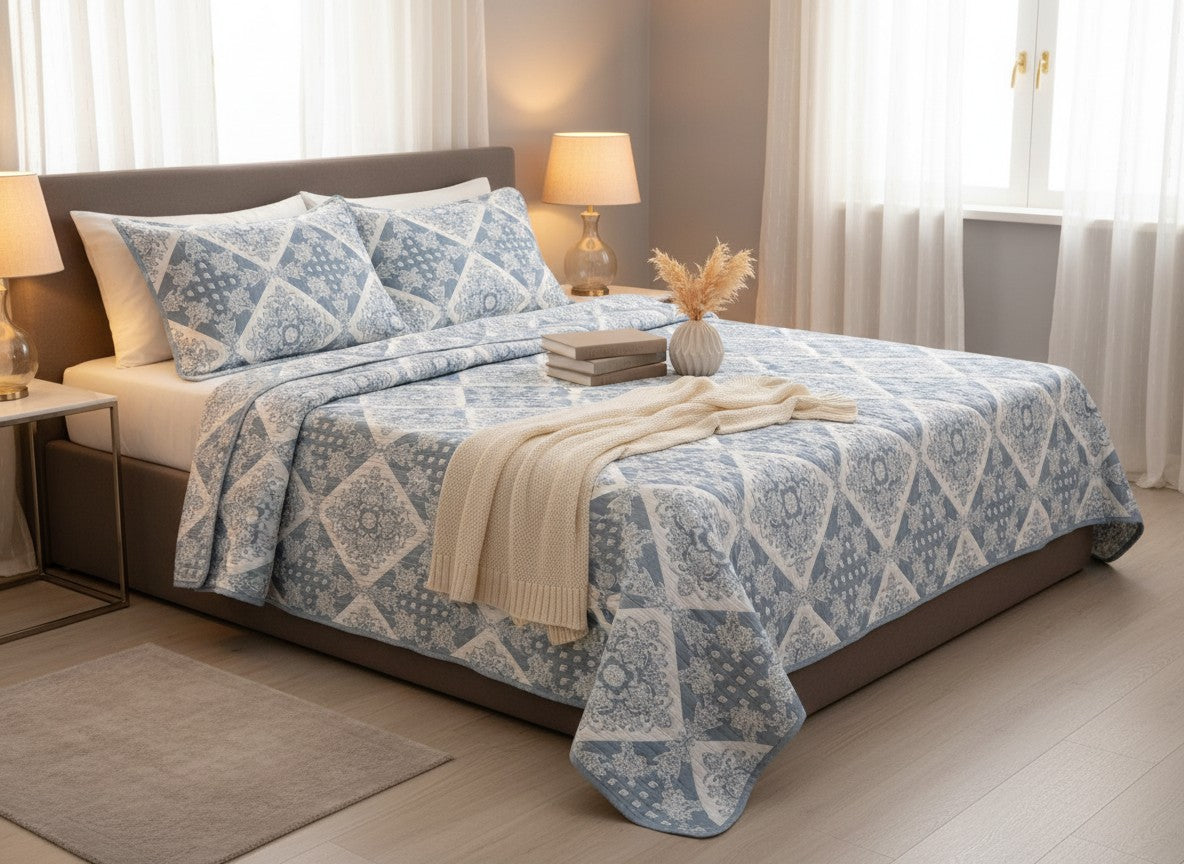Steel Blue Diamond Patchwork Premium Quilted Bed Cover with Pillow Covers | Double Bed – AthSVi Alayam
