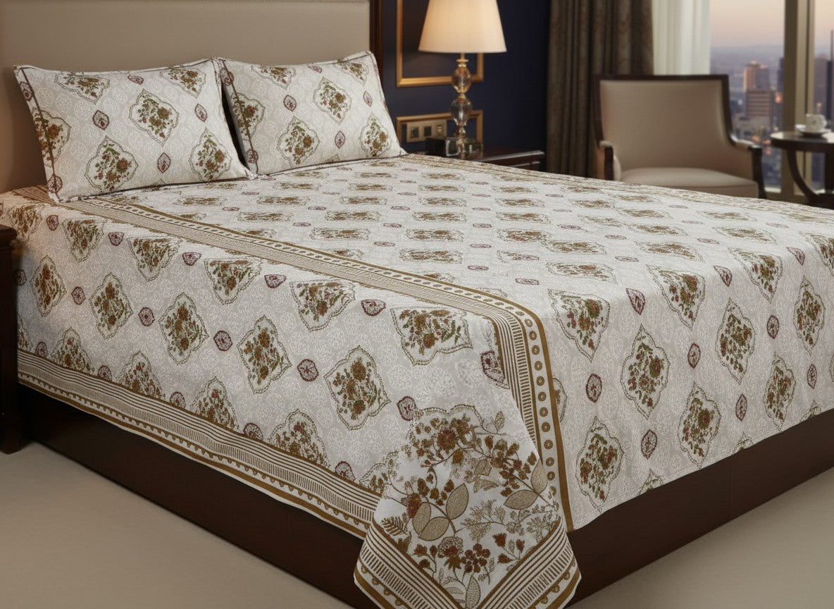 Yellow and White Jaipuri Block Print Cotton Bedsheet | Hand Block Printed Double Bedsheet – Athsvi Alayam