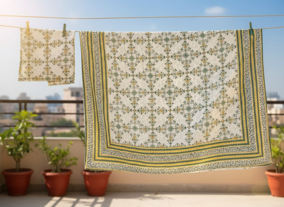 Floral Green and White Jaipuri Block Print Cotton Bedsheet | Hand Block Printed Double Bedsheet – AthSVi Alayam