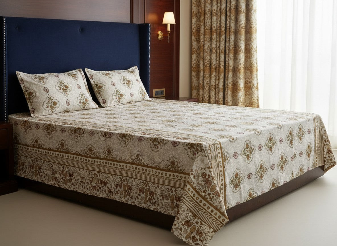 Yellow and White Jaipuri Block Print Cotton Bedsheet | Hand Block Printed Double Bedsheet – Athsvi Alayam