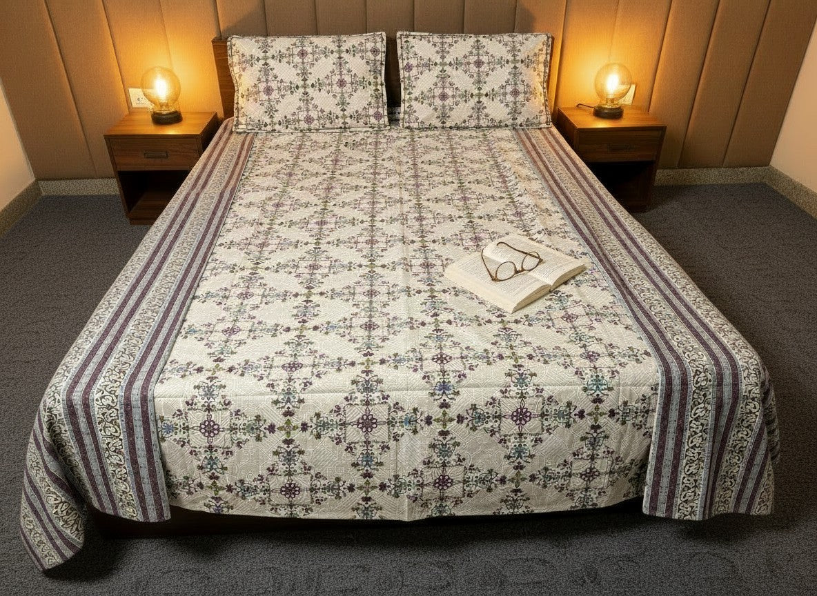 Floral Pink and white Jaipuri Block Print Cotton Bedsheet | Hand Block Printed Double Bedsheet – AthSVi Alayam