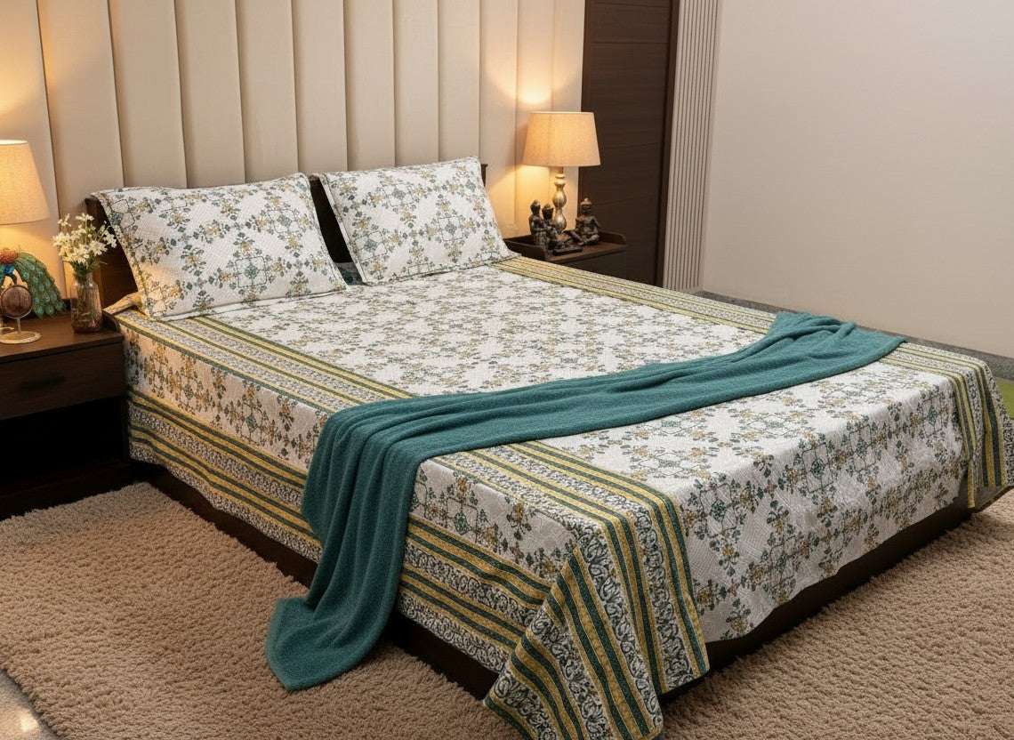 Floral Green and White Jaipuri Block Print Cotton Bedsheet | Hand Block Printed Double Bedsheet – AthSVi Alayam