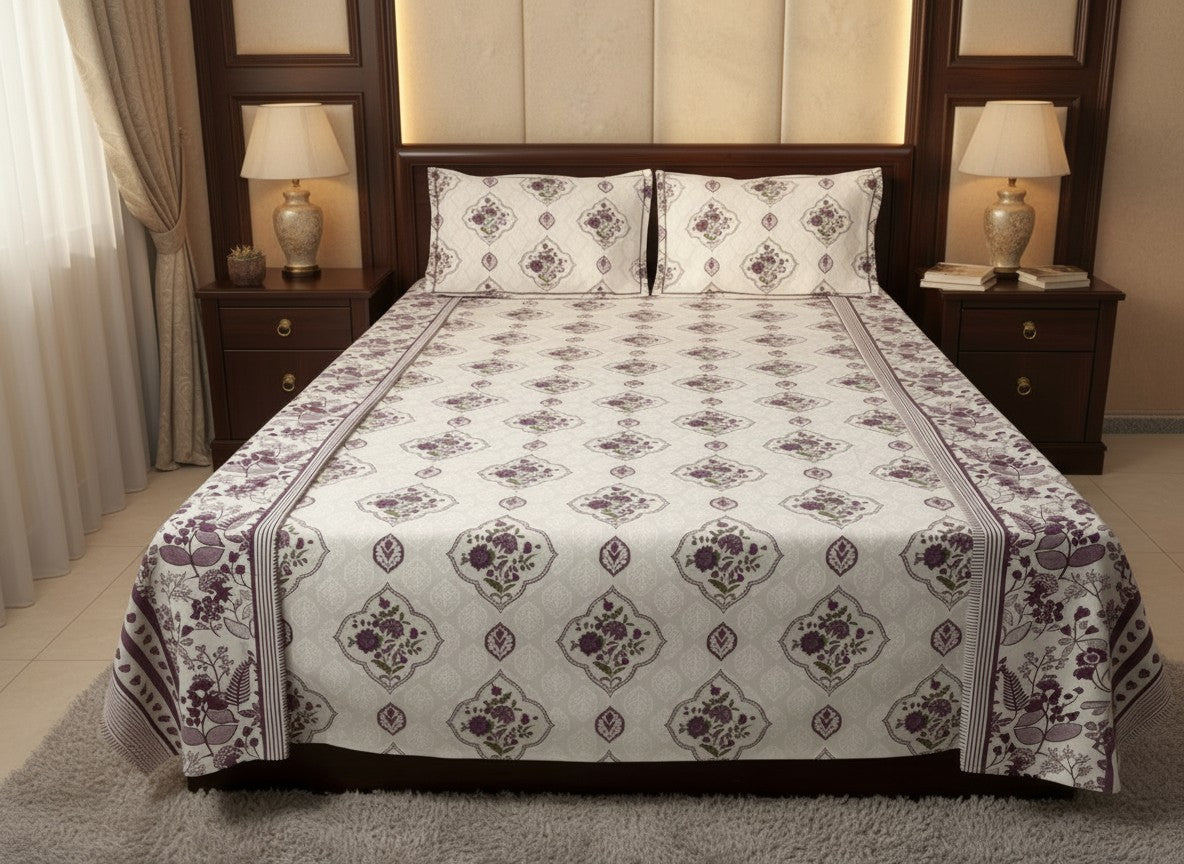 Purple and White Jaipuri Block Print Cotton Bedsheet | Hand Block Printed Double Bedsheet – AthSVi Alayam