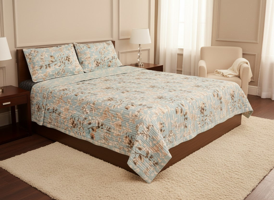 Sky Blue Vintage Floral Quilted Bed Cover with Pillow Covers | Cotton Bed Cover King Size – AthSVi Alayam
