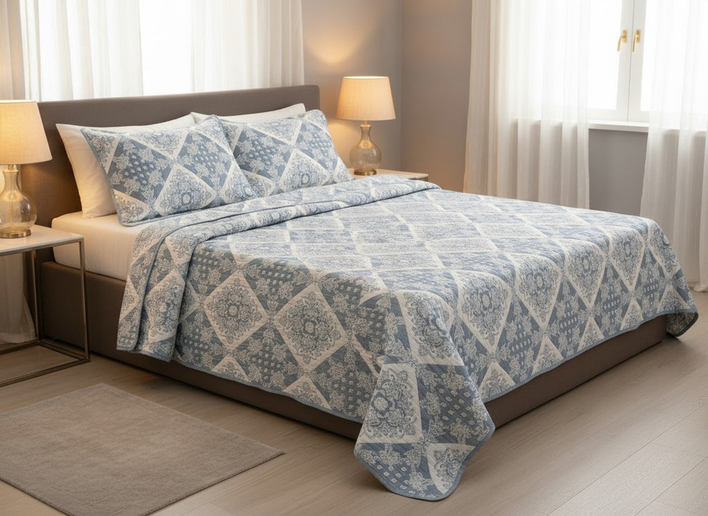 Steel Blue Diamond Patchwork Premium Quilted Bed Cover with Pillow Covers | Double Bed – AthSVi Alayam