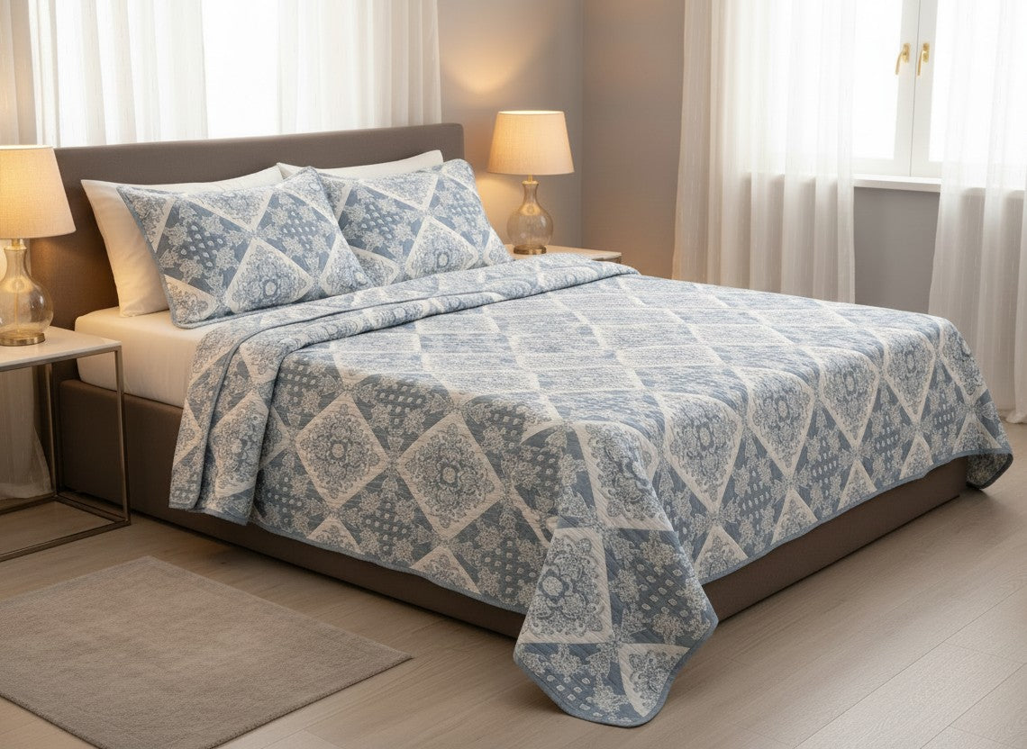 Steel Blue Diamond Patchwork Premium Quilted Bed Cover with Pillow Covers | Double Bed – AthSVi Alayam