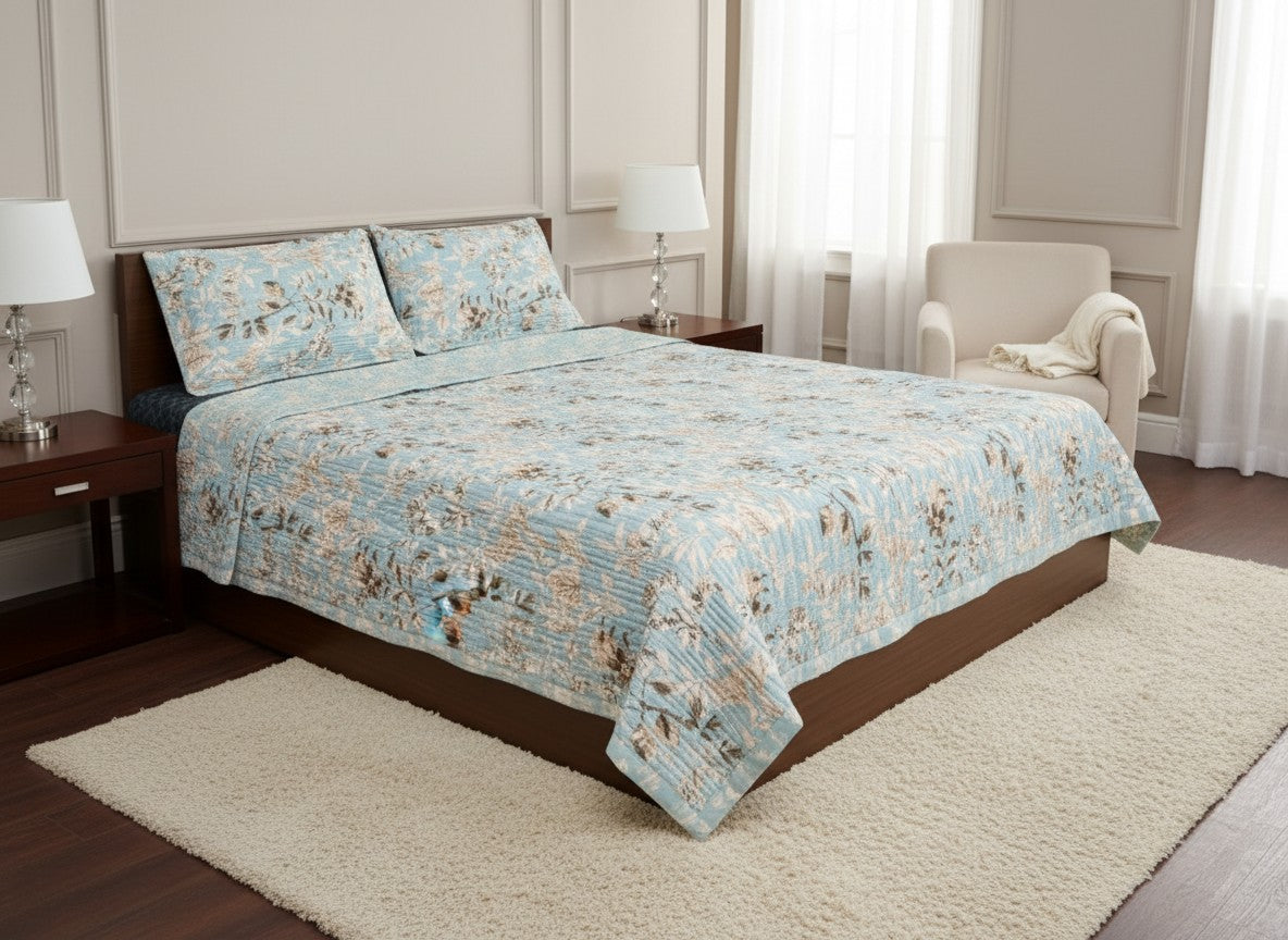 Sky Blue Vintage Floral Quilted Bed Cover with Pillow Covers | Cotton Bed Cover King Size – AthSVi Alayam