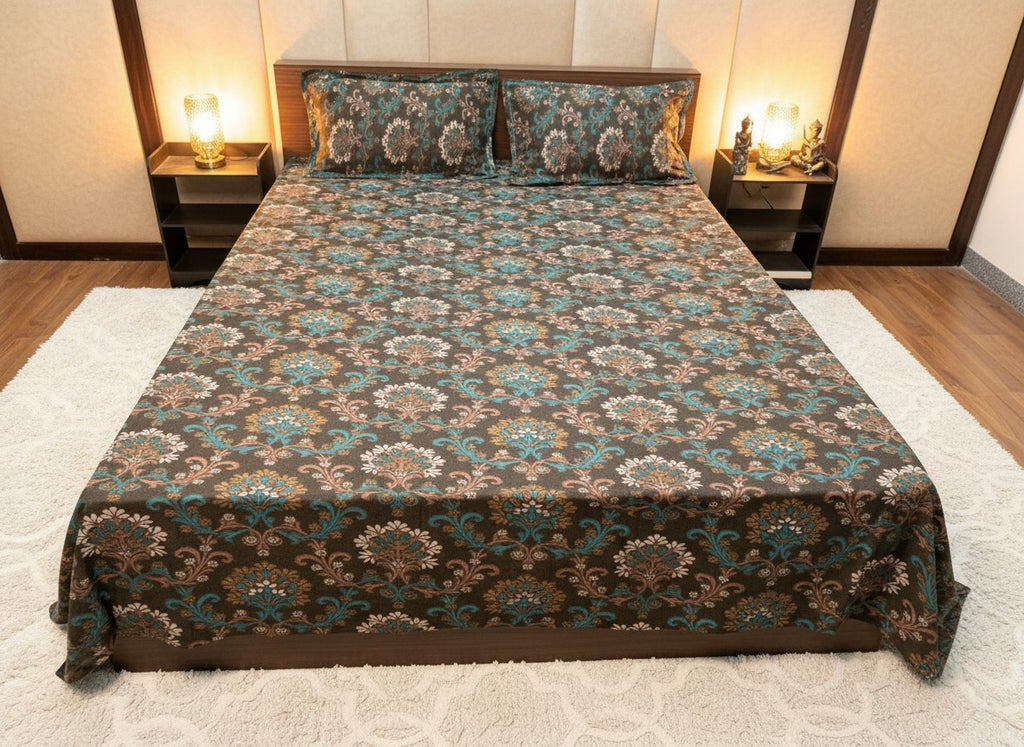 Floral Brown Green | Dark Current Collection Cotton Bedsheet | King Size Double Bedsheet – AthSVi Alayam
