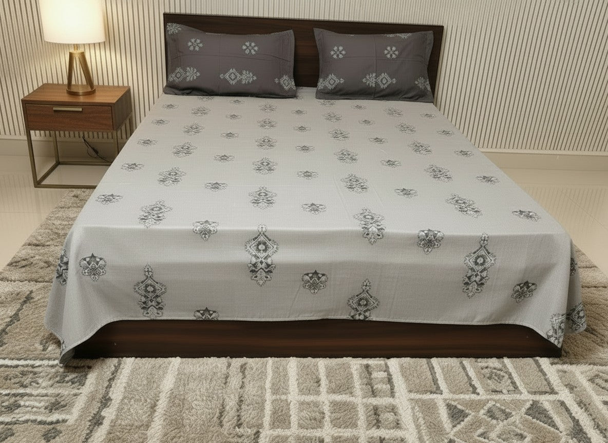 Grey Traditional Print Premium Cotton Bedsheet with 2 Pillow Covers | 300 TC 100% Cotton King Size – AthSVi Alayam (Copy)