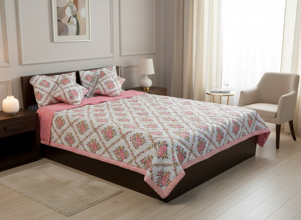 Pink Rose Trellis Reversible Comforter with Pillow Covers | Cotton Comforter King Size – AthSVi Alayam