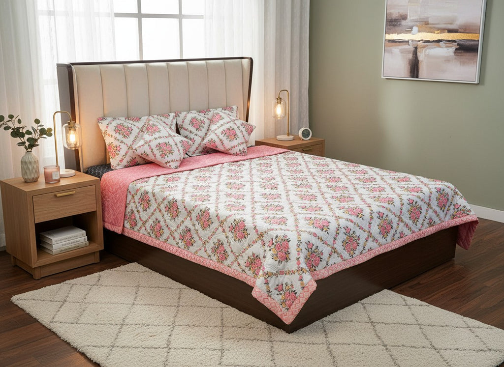 Pink Rose Trellis Reversible Comforter with Pillow Covers | Cotton Comforter King Size – AthSVi Alayam