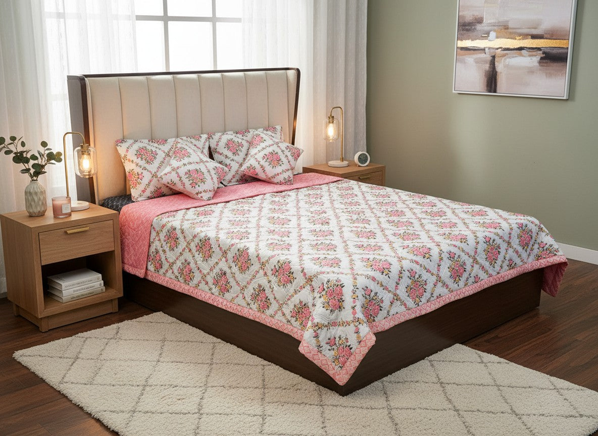 Pink Rose Trellis Reversible Comforter with Pillow Covers | Cotton Comforter King Size – AthSVi Alayam