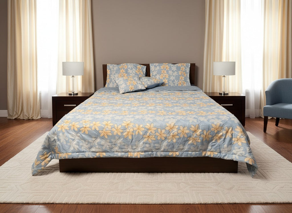 Powder Blue Golden Champa Floral Quilted Comforter with Pillow Covers | Cotton Comforter King Size – AthSVi Alayam