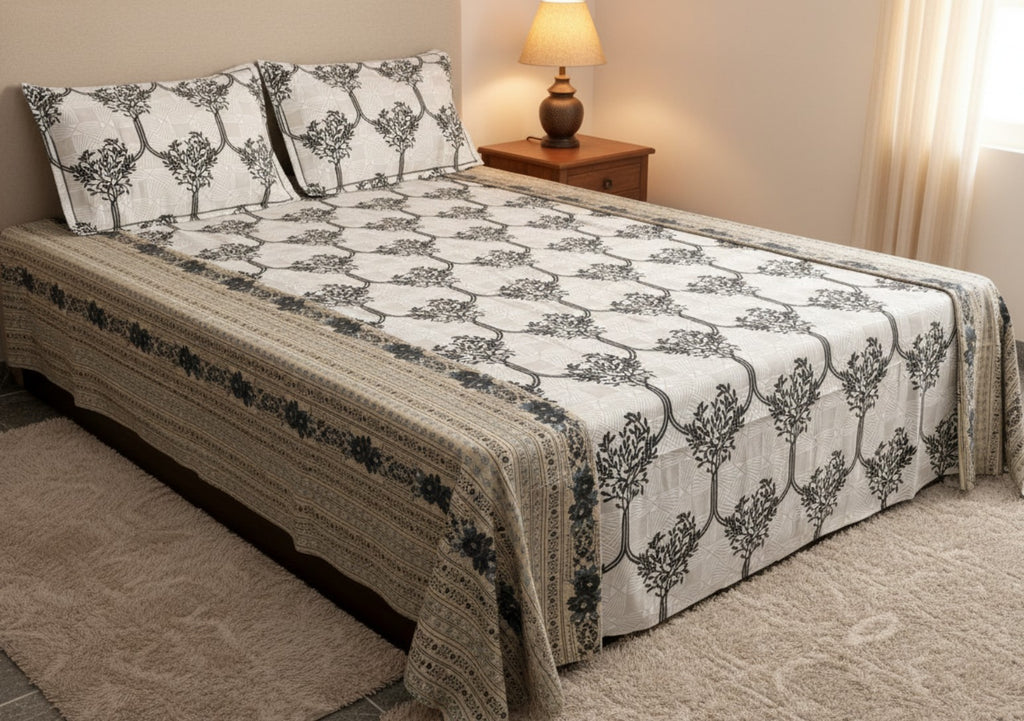Grey Jaipuri Block Print Cotton Bedsheet | Hand Block Printed Double Bedsheet – AthSVi Alayam