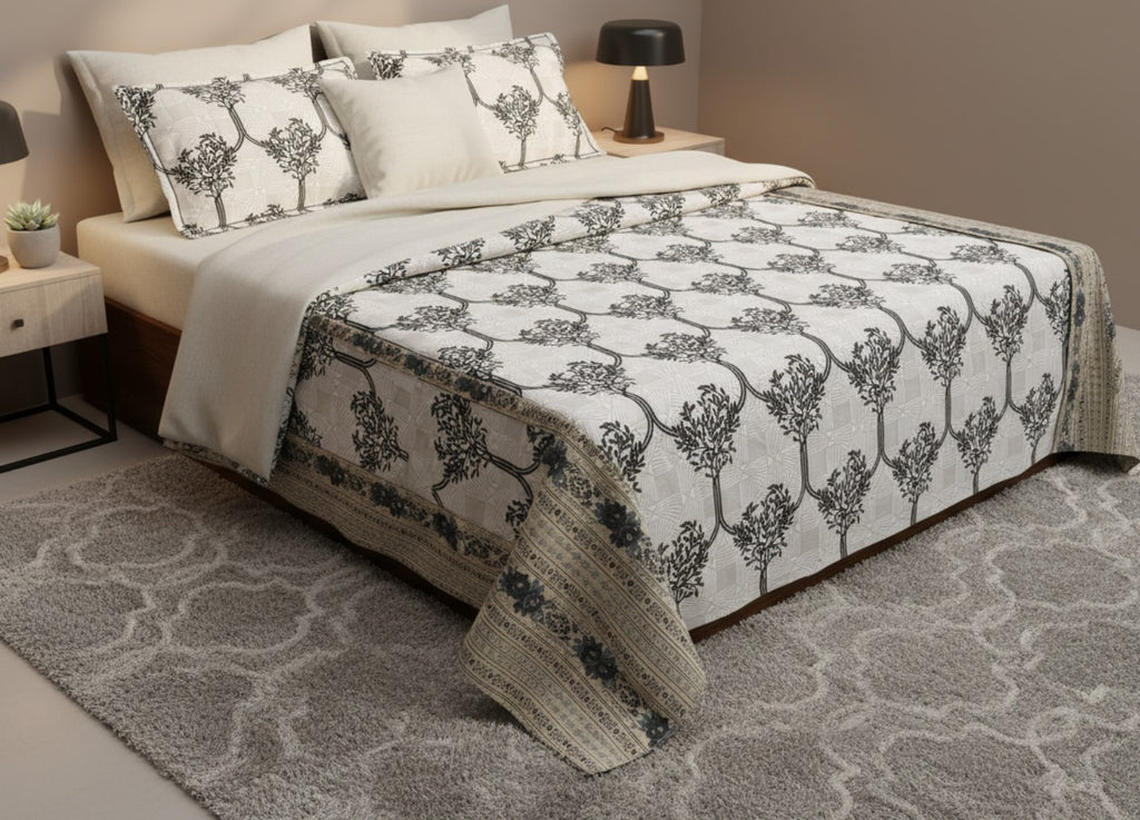 Grey Jaipuri Block Print Cotton Bedsheet | Hand Block Printed Double Bedsheet – AthSVi Alayam