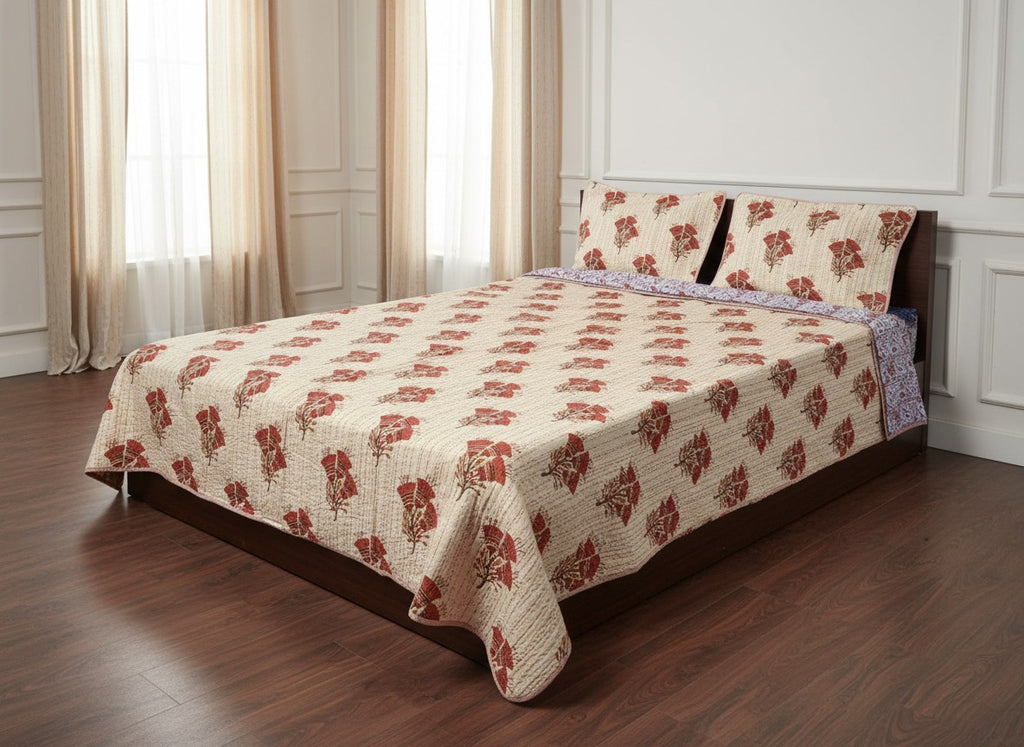 Rust Floral Jaipuri Kantha Quilted Bed Cover with Pillow Covers | Reversible King Size – AthSVi Alayam