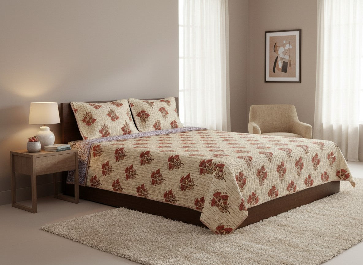 Rust Floral Jaipuri Kantha Quilted Bed Cover with Pillow Covers | Reversible King Size – AthSVi Alayam