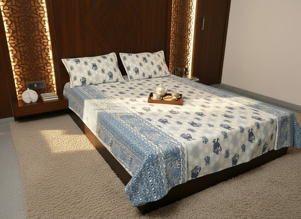 White and Blue Jaipuri Block Print Cotton Bedsheet | Hand Block Printed Double Bedsheet – AthSVi Alayam