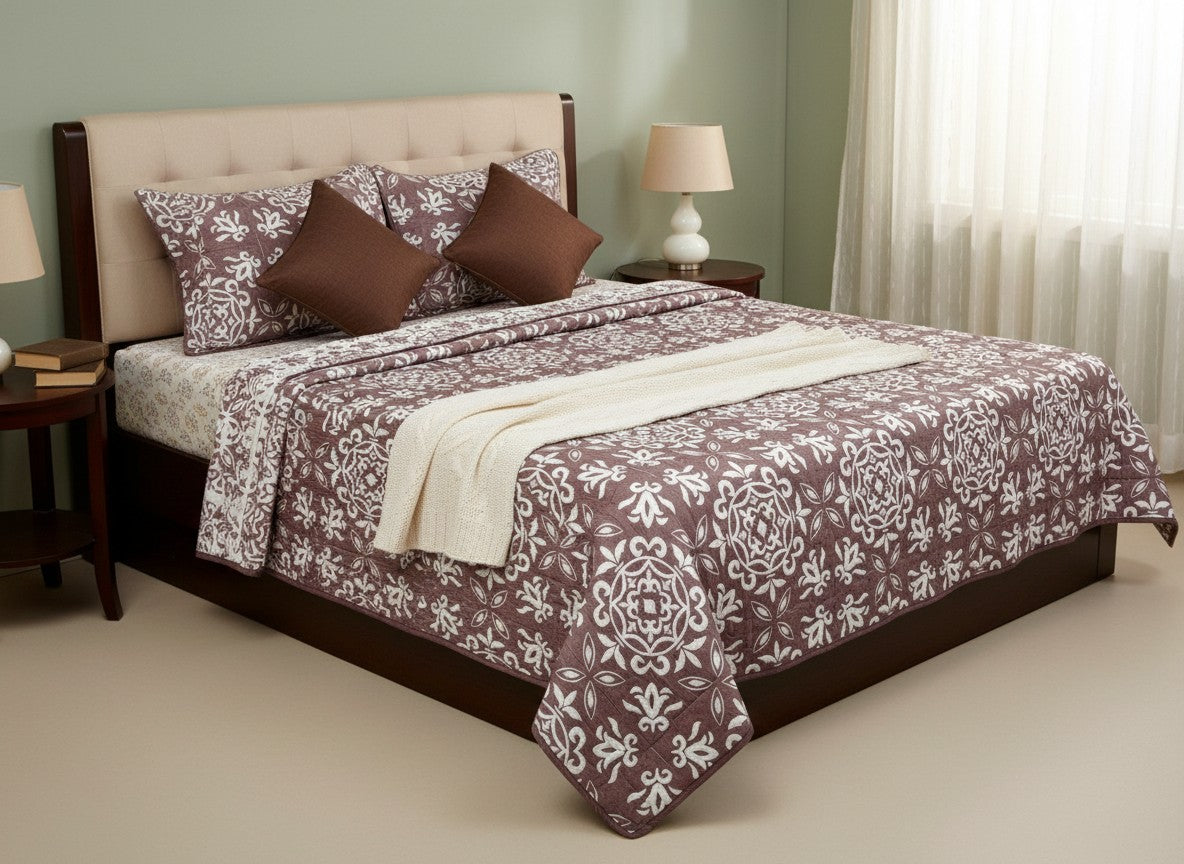 Mauve Damask Premium Quilted Bed Cover with Pillow Covers | King Size Bed Cover – AthSVi Alayam