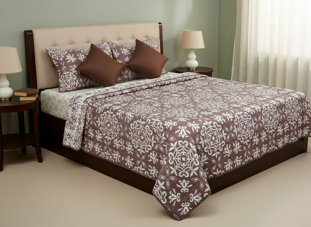 Mauve Damask Premium Quilted Bed Cover with Pillow Covers | King Size Bed Cover – AthSVi Alayam