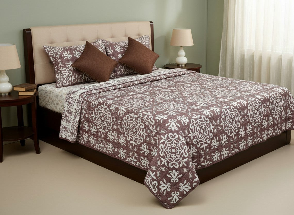 Mauve Damask Premium Quilted Bed Cover with Pillow Covers | King Size Bed Cover – AthSVi Alayam