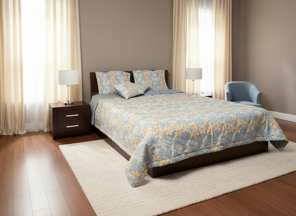 Powder Blue Golden Champa Floral Quilted Comforter with Pillow Covers | Cotton Comforter King Size – AthSVi Alayam