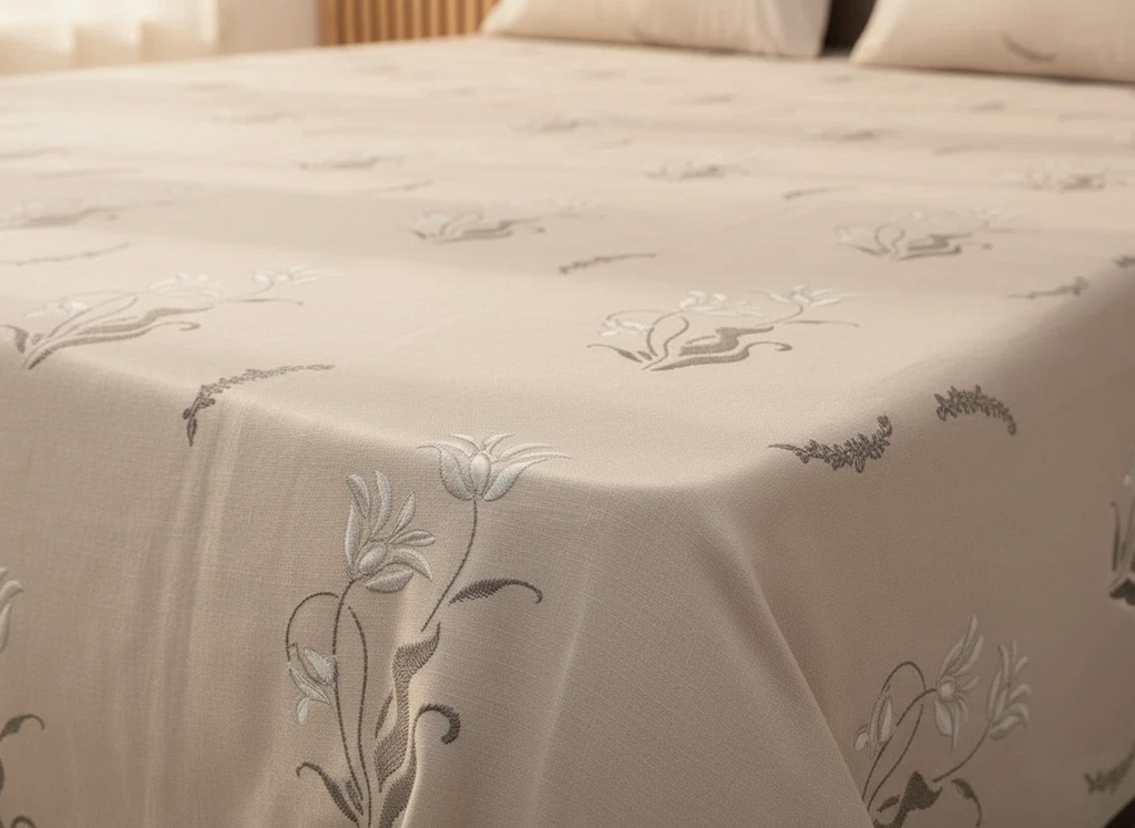AthSVi Alayam beige cotton bed sheet set featuring a delicate white and grey botanical floral pattern on a soft fabric.