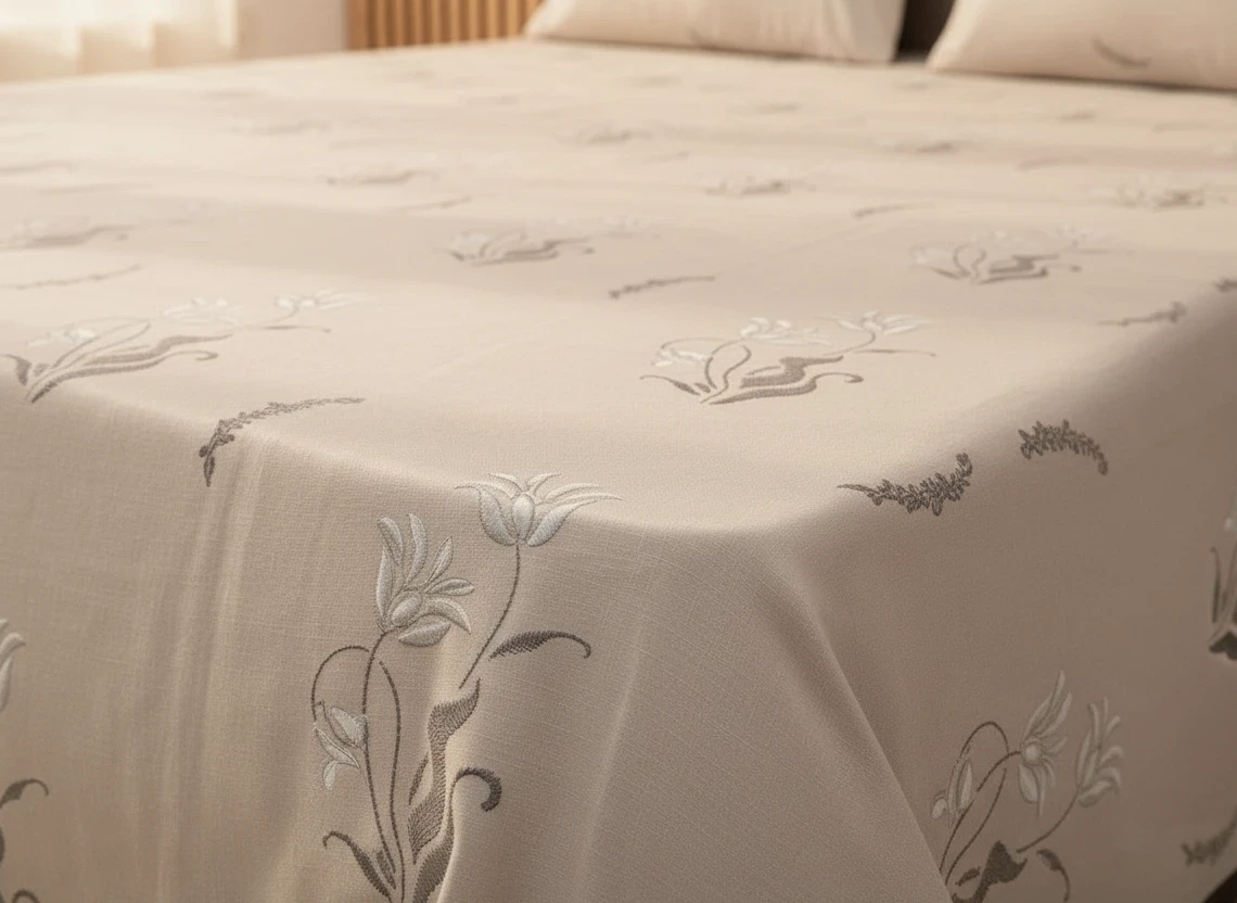 AthSVi Alayam beige cotton bed sheet set featuring a delicate white and grey botanical floral pattern on a soft fabric.