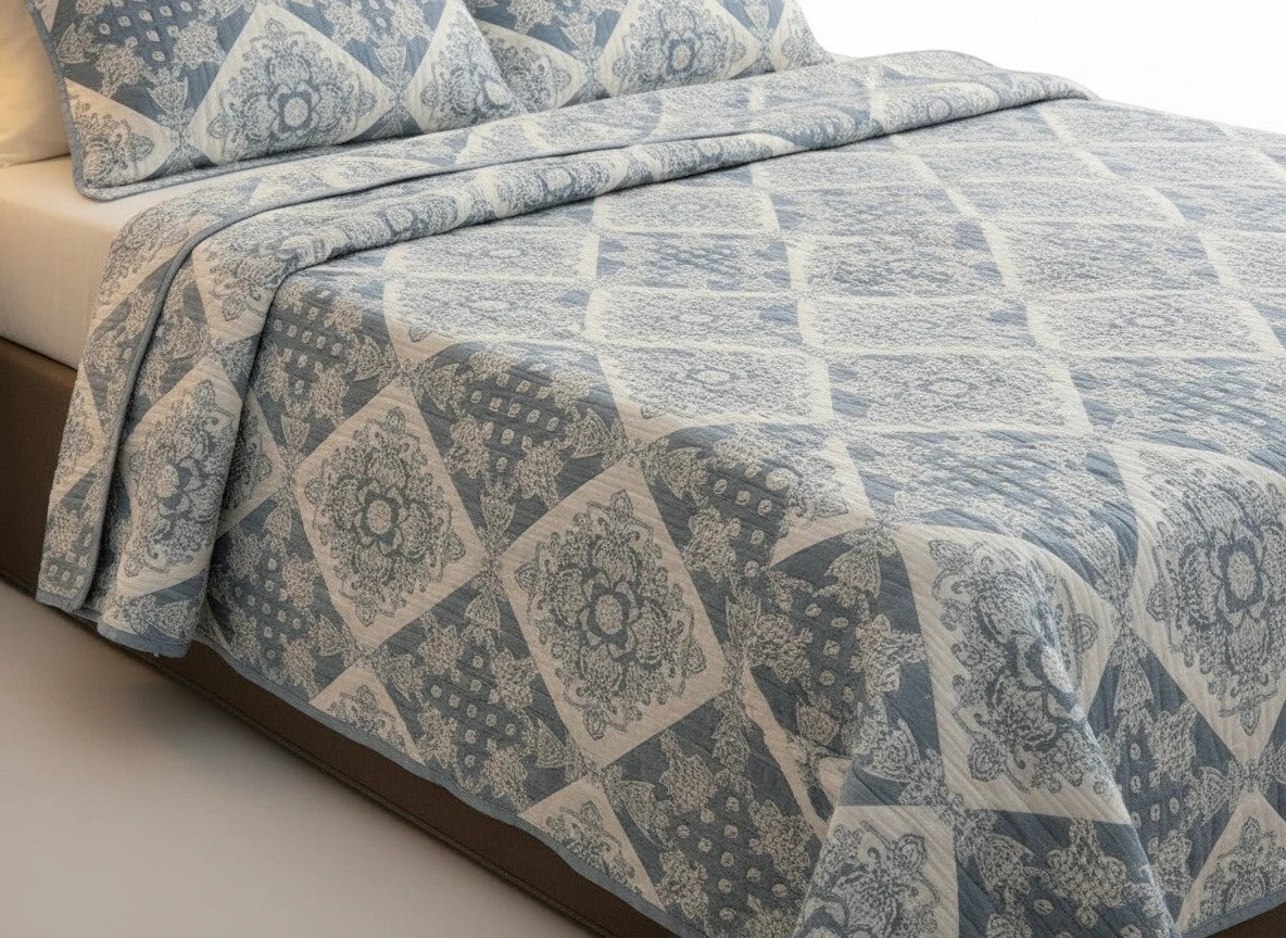 AthSVi Alayam steel blue and white diamond patchwork quilted cotton bed cover with matching pillow shams