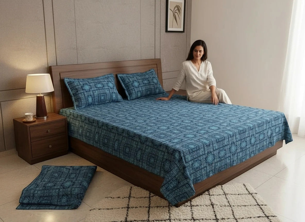 AthSVi Alayam blue cotton bed sheet set with geometric pattern on a bed with a woman sitting in a modern bedroom