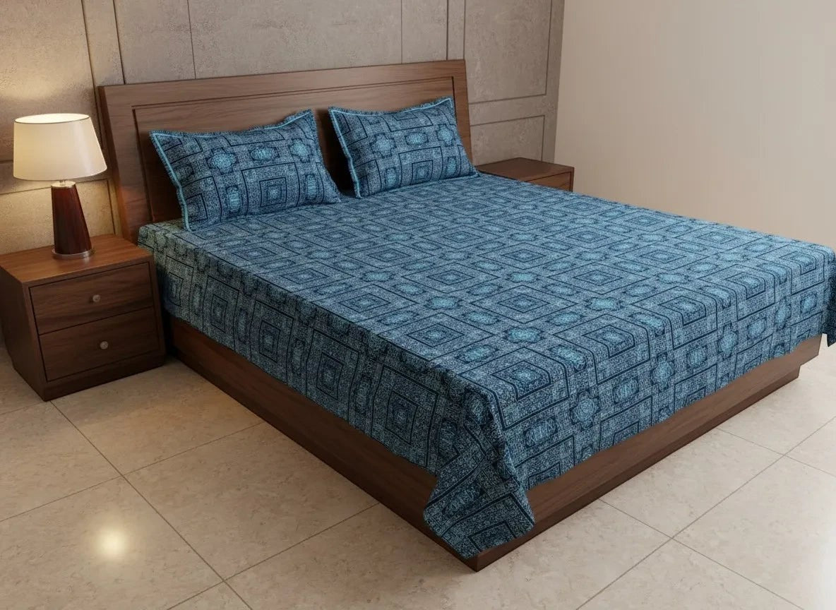 AthSVi Alayam blue cotton bed sheet set with intricate geometric patterns and two matching pillowcases on a bed.