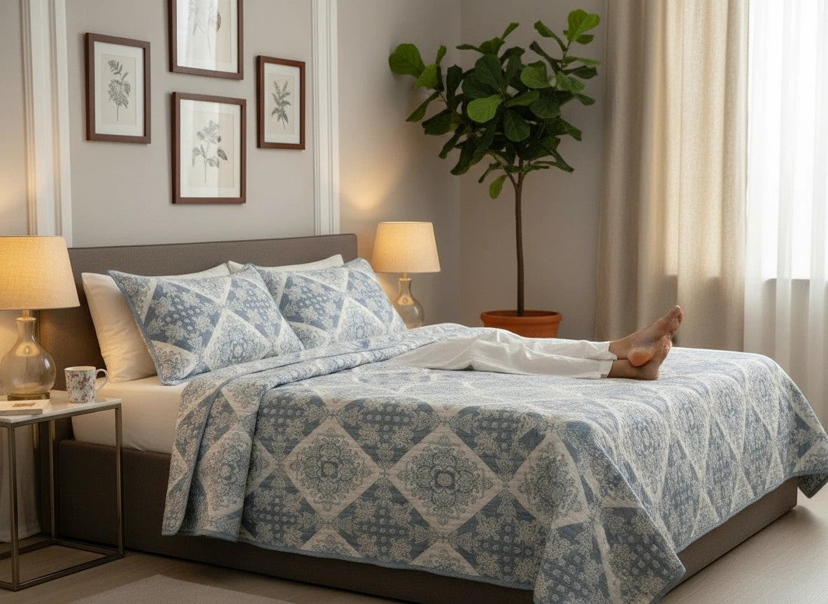 AthSVi Alayam steel blue and white diamond patchwork cotton quilted bed cover with matching pillow covers on a bed