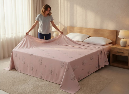 AthSVi Alayam blush pink floral print bed sheet set being spread over a bed by a woman in a bright bedroom