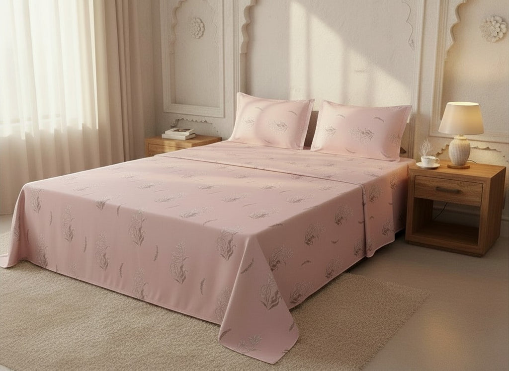 AthSVi Alayam blush pink floral print bed sheet set with matching pillowcases on a made bed in a serene bedroom.