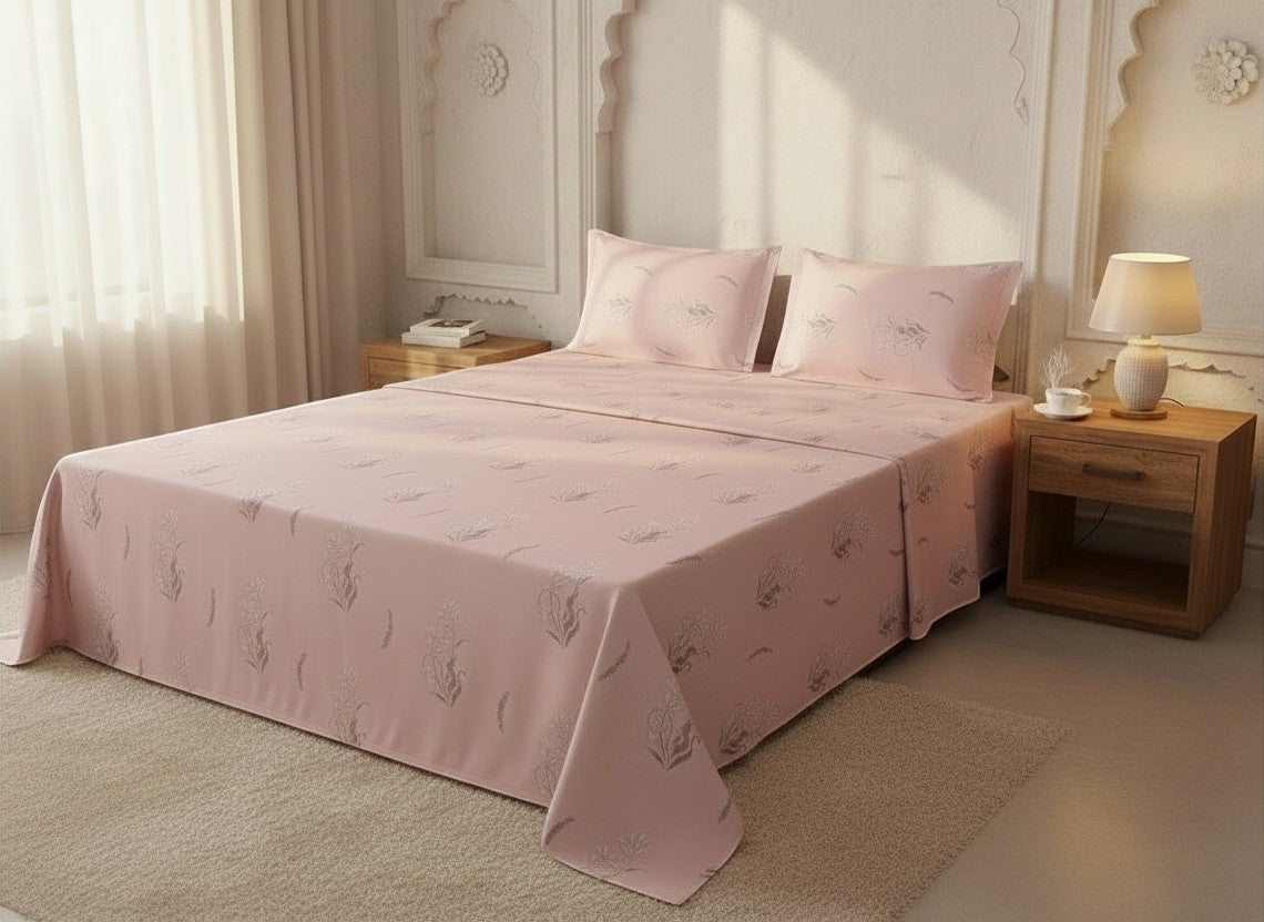 AthSVi Alayam blush pink floral print bed sheet set with matching pillowcases on a made bed in a serene bedroom.
