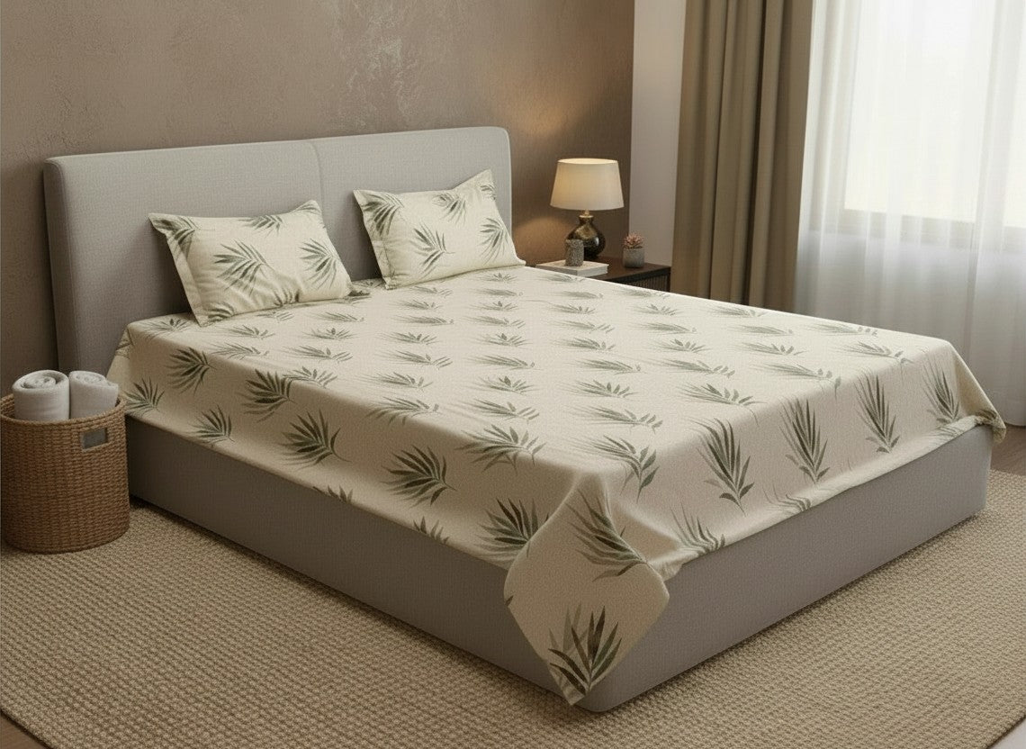 AthSVi Alayam botanical print cotton bed sheet set with green palm leaf pattern on a cream background in a bedroom.
