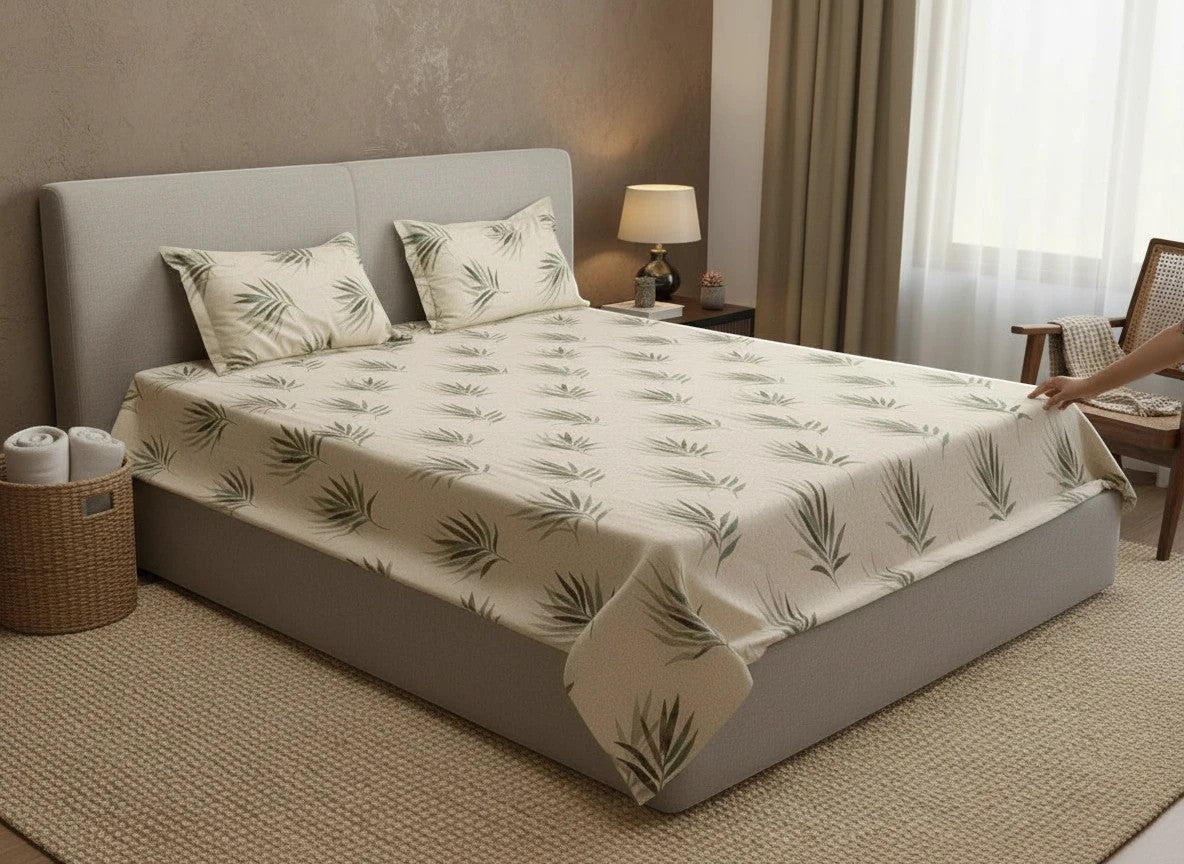 AthSVi Alayam botanical print cotton bed sheet set with green palm leaves on a cream background in a bedroom.