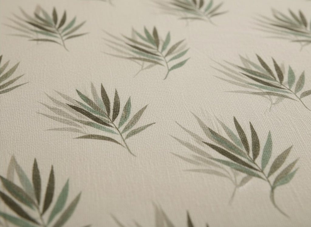 AthSVi Alayam botanical print cotton bed sheet with green palm leaf pattern on a cream background