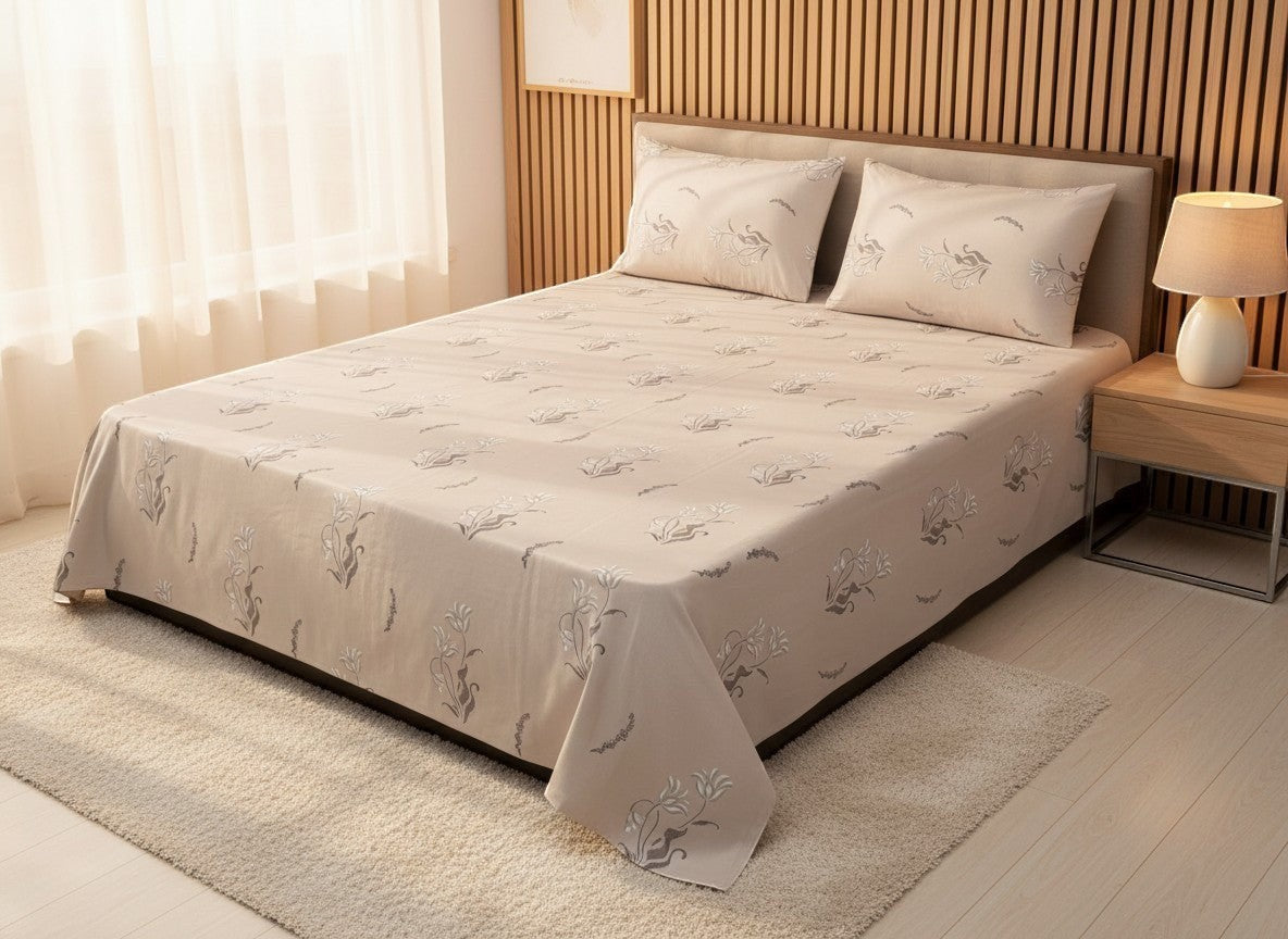 AthSVi Alayam floral patterned cotton bed sheet set in beige with matching pillowcases on a modern bedroom bed.