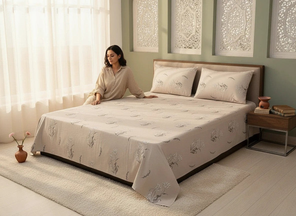 AthSVi Alayam beige cotton bed sheet set with delicate floral botanical print on a bed in a serene bedroom setting.