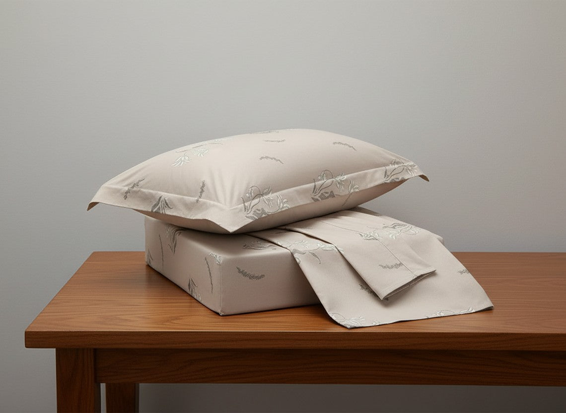 AthSVi Alayam skin brown cotton bed sheet set with delicate floral embroidery on a wooden table