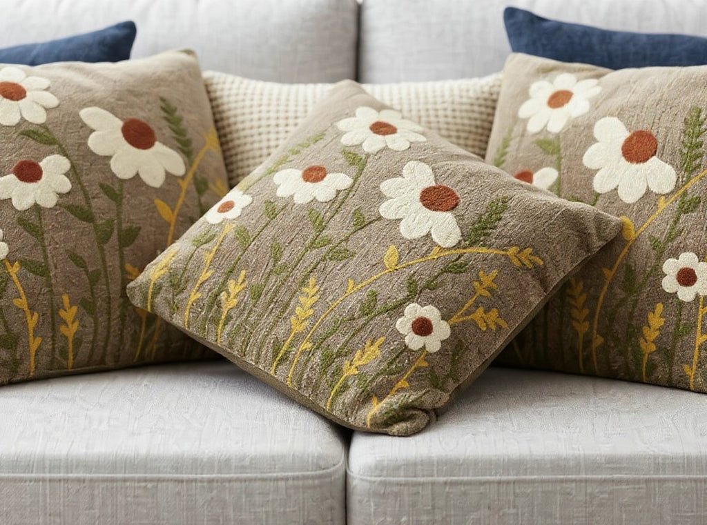 AthSVi Alayam decorative throw pillows with beige textured fabric and vibrant wildflower floral embroidery on a sofa.