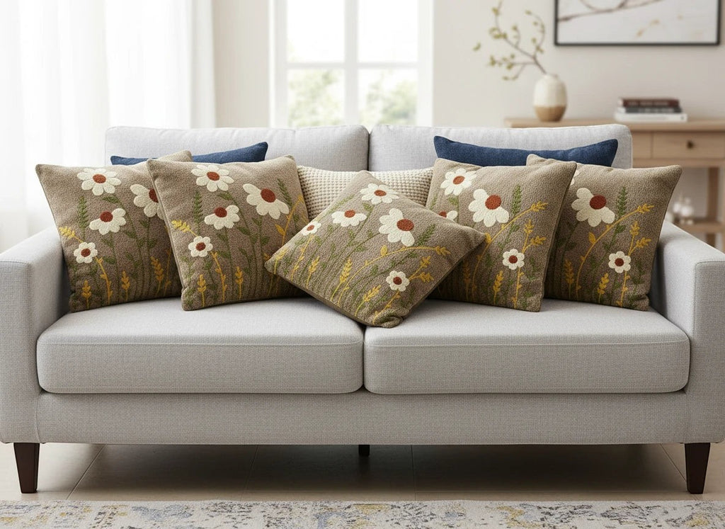 AthSVi Alayam decorative throw pillows with wildflower floral embroidery on a light grey sofa