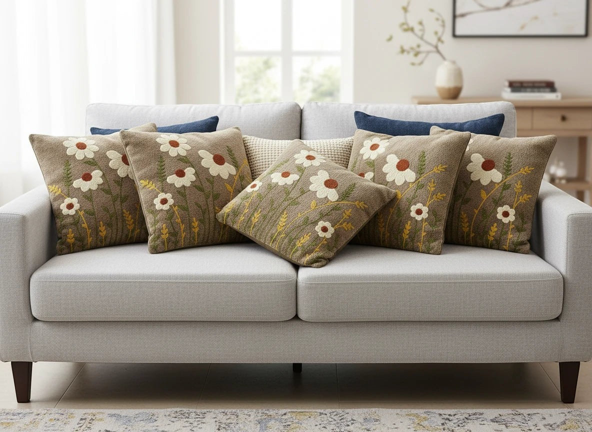 AthSVi Alayam decorative throw pillows with wildflower floral embroidery on a light grey sofa
