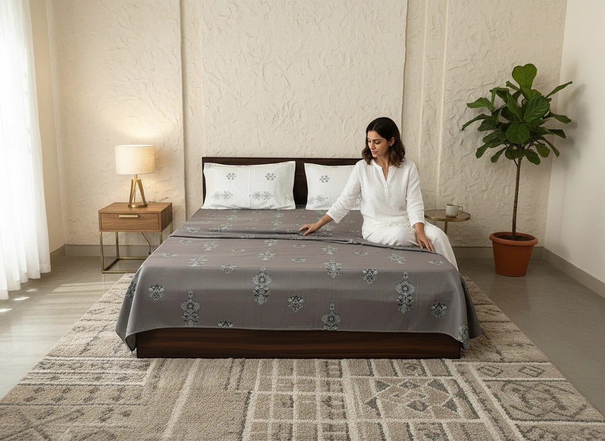 AthSVi Alayam grey cotton bed sheet with white floral motifs and matching pillowcases on a bed in a modern bedroom.