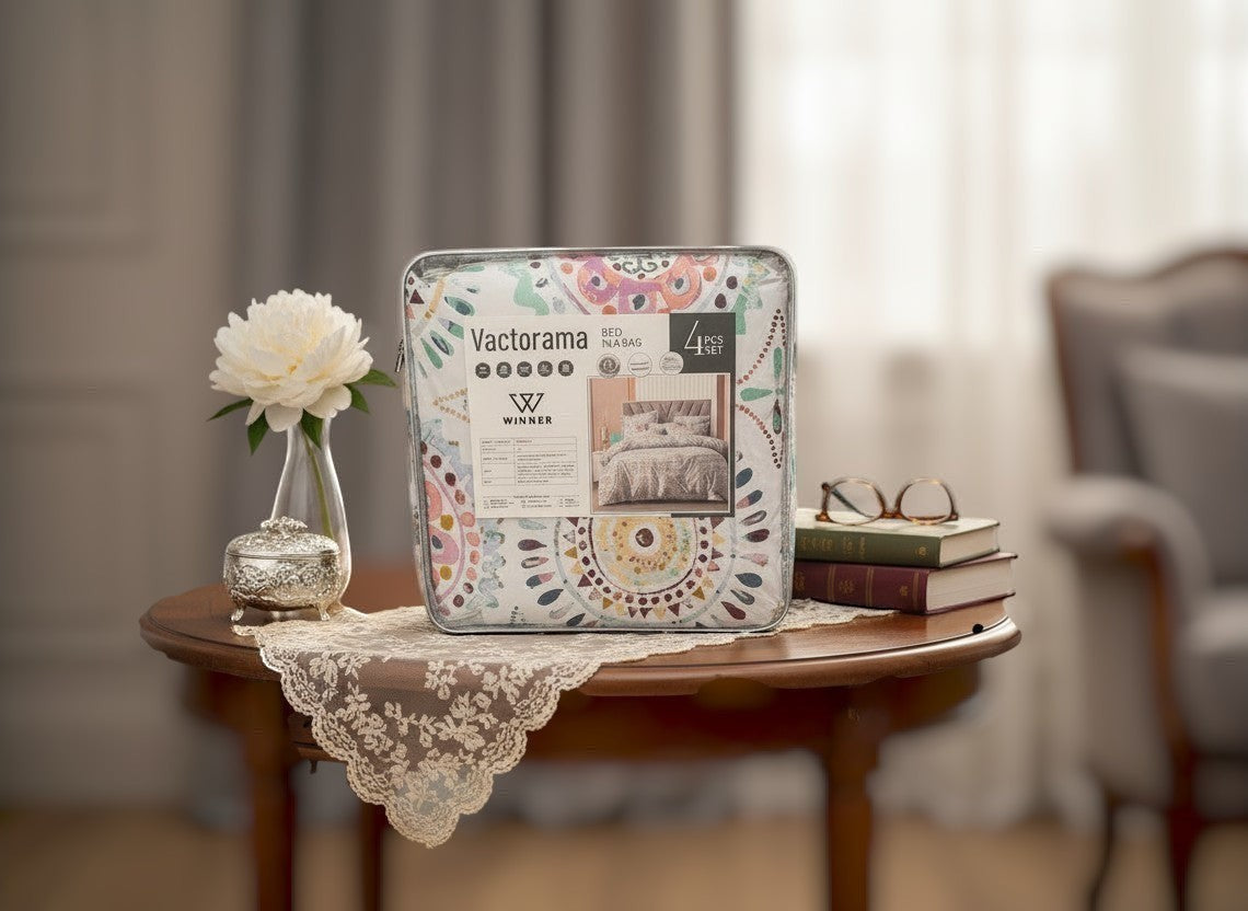 AthSVi Alayam Jaipuri medallion block print cotton comforter set in clear zippered storage bag on a wooden table