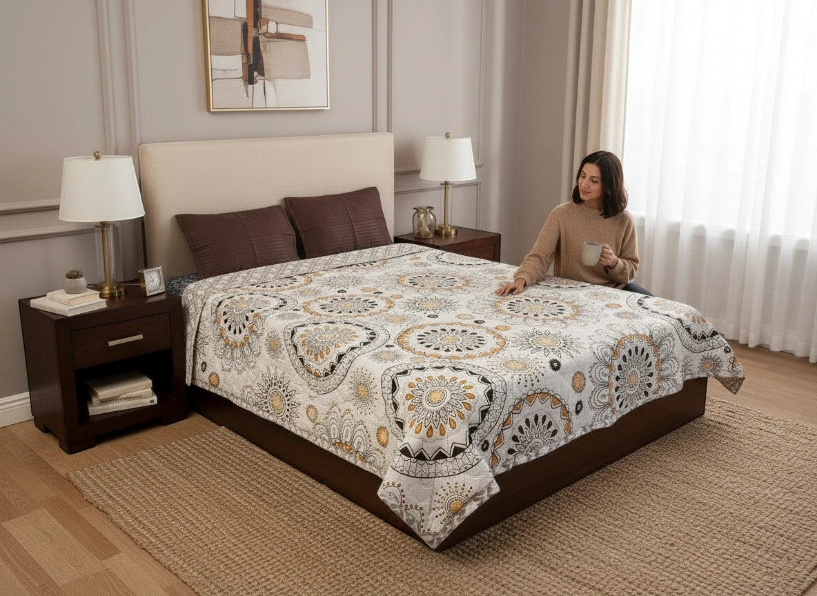 AthSVi Alayam king size cotton comforter with black and golden amber mandala block print on a white base.