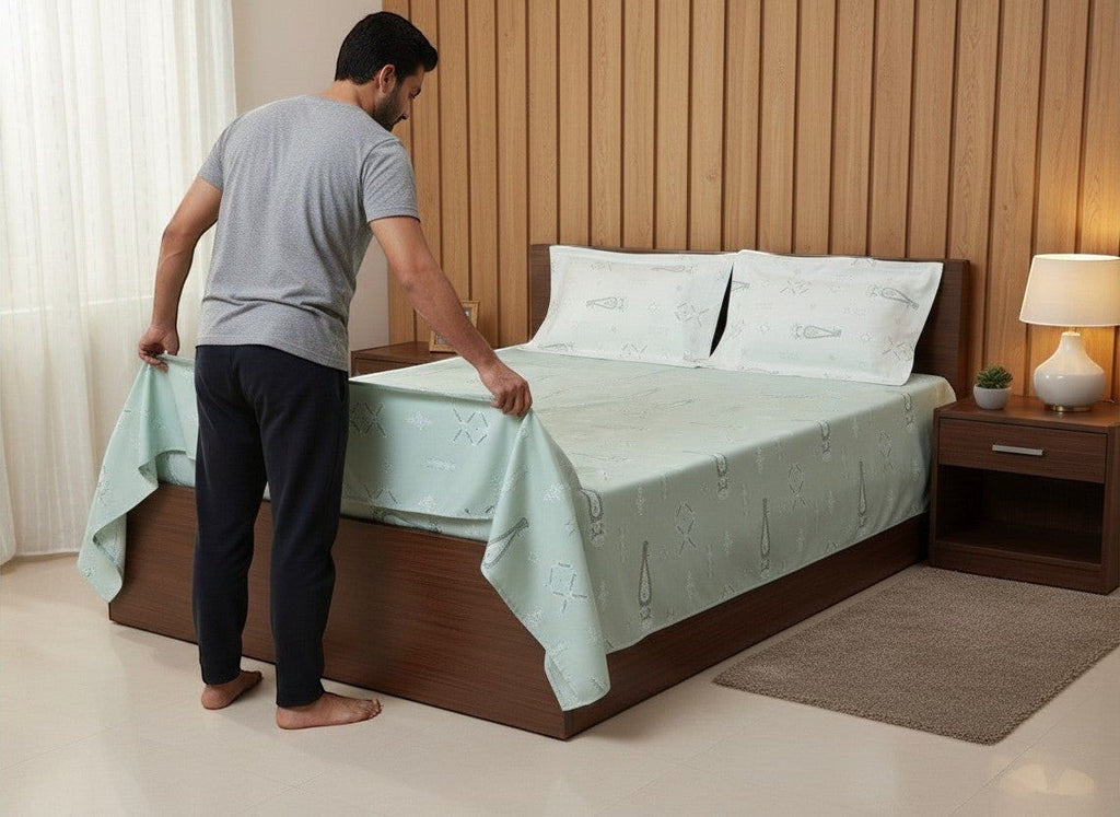 AthSVi Alayam sage green printed cotton bed sheet set with traditional motifs on a bed in a modern bedroom