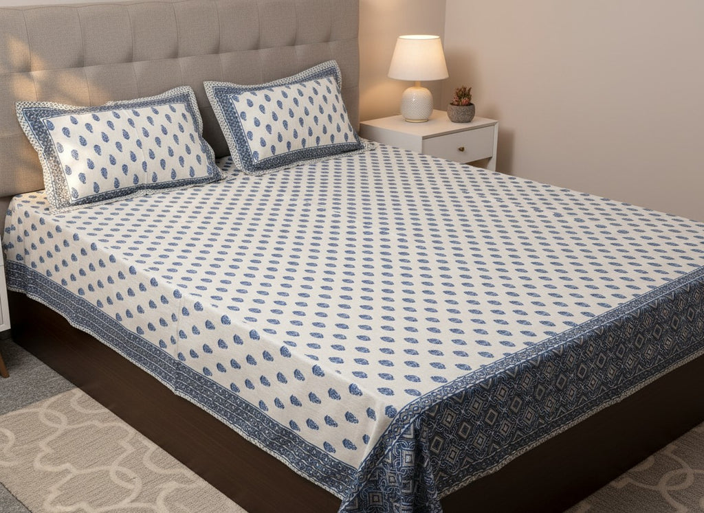 Bloom Blue Jaipuri Block Print Cotton Bedsheet | Hand Block Printed Double Bedsheet – AthSVi Alayam
