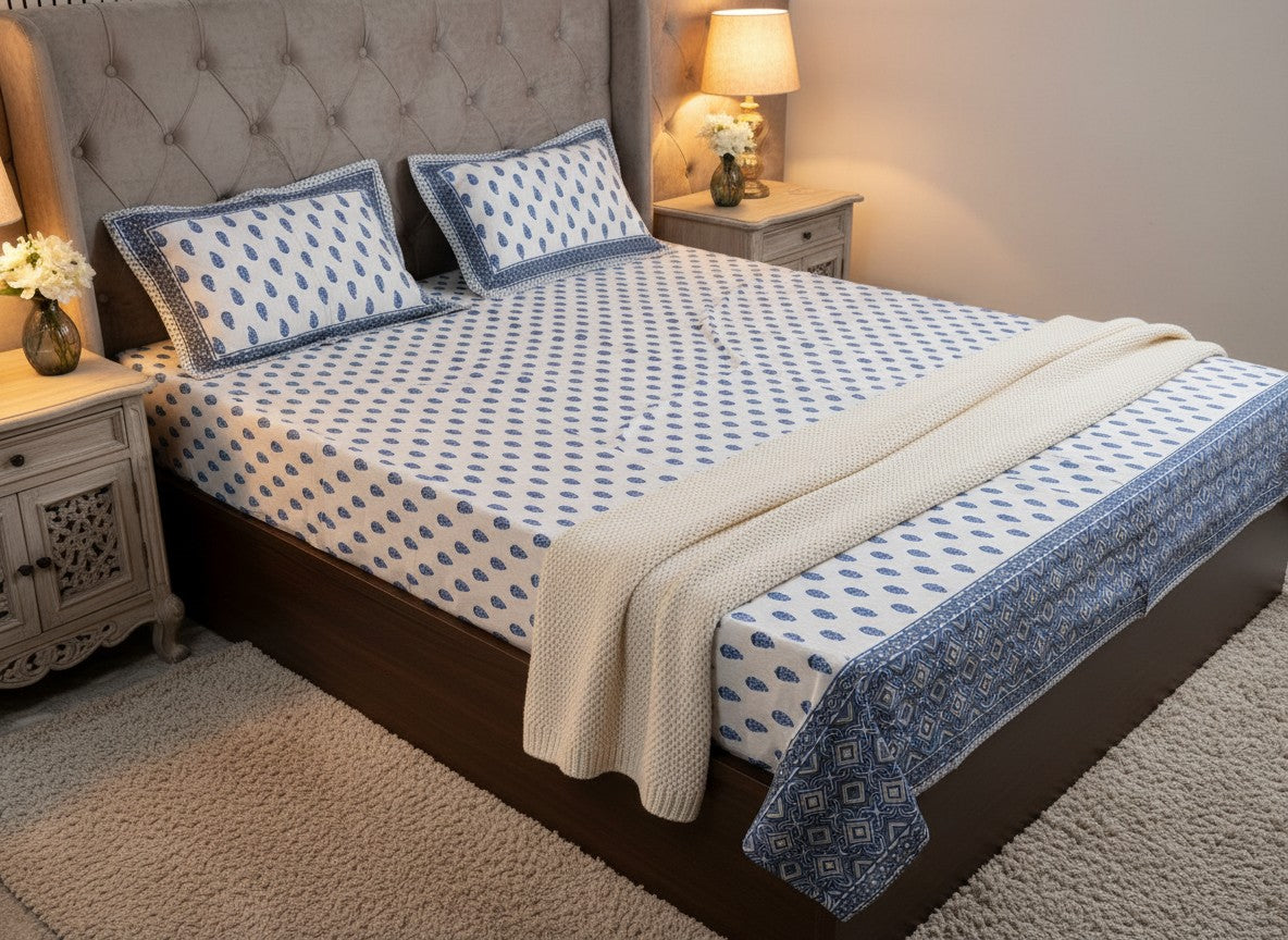 Bloom Blue Jaipuri Block Print Cotton Bedsheet | Hand Block Printed Double Bedsheet – AthSVi Alayam